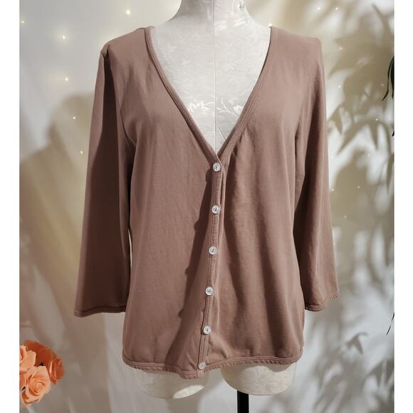 Fresh Produce Womens V-Neck Button 3/4 Sleeve Cardigan Size L Tan Cotton Neutral - Picture 1 of 10